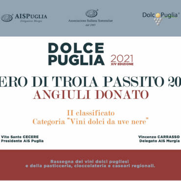 “Nero di Troia Passito 2019” premiato nella categoria “Vini dolci da uve nere” da Dolce Puglia 2021